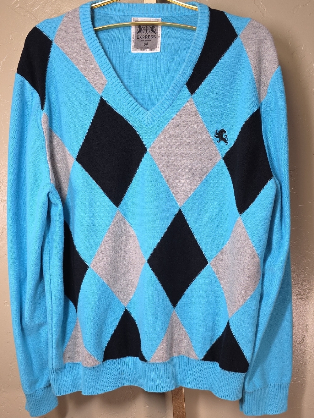 Express 2009 Men's V-Neck Argyle Sweater Bright Blue, Gray & Black 100%‎ Cotton